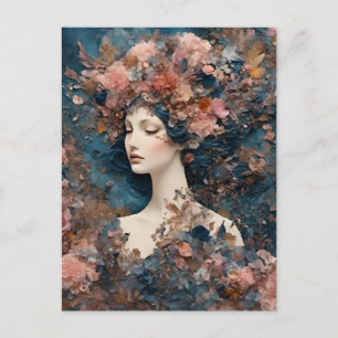 Carte Postale Femme aux fleurs roses Collage médiatique mixte