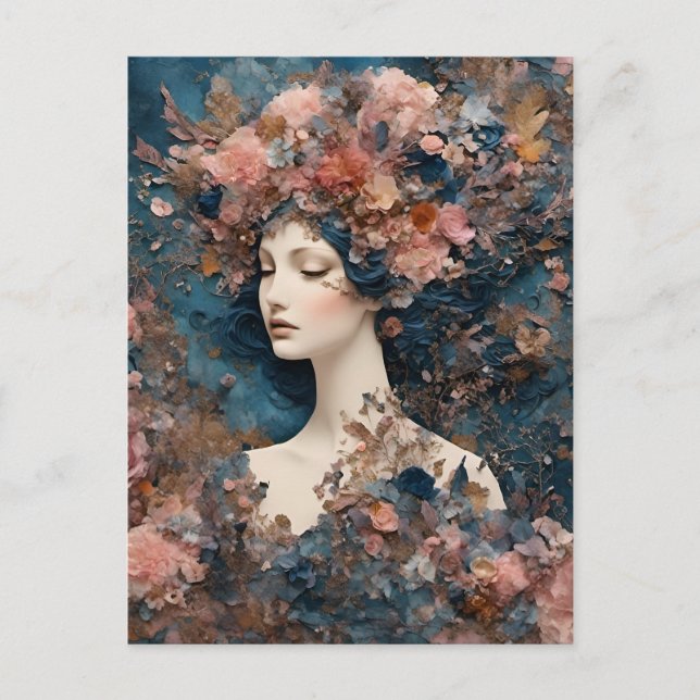 Carte Postale Femme aux fleurs roses Collage médiatique mixte (Devant)