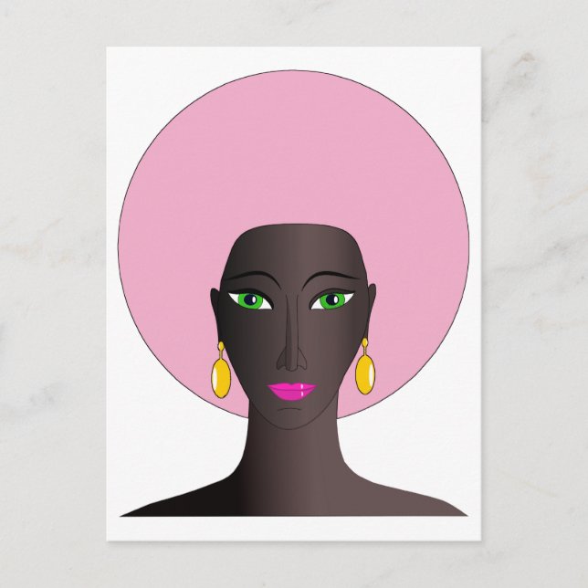 Carte Postale Femme avec Afro rose et yeux verts Art Abstrait (Devant)