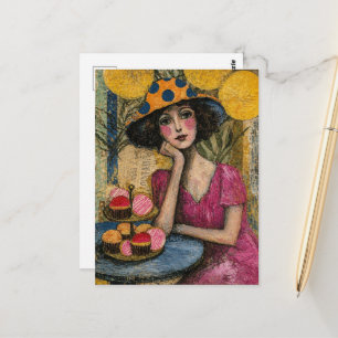 Carte Postale Femme avec collage de dessert