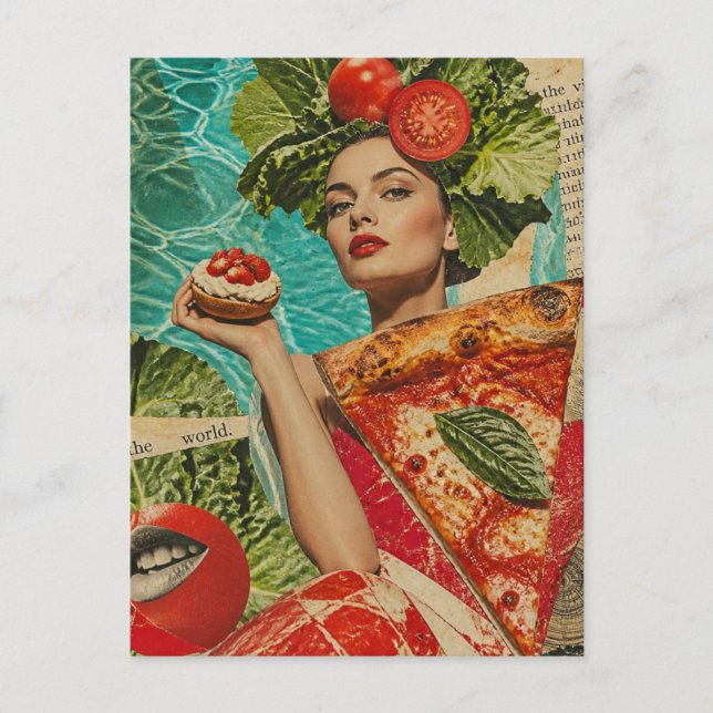 Carte Postale Femme avec collage de pizza et de salade (Devant)