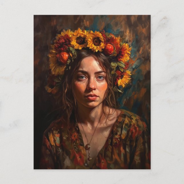 Carte Postale Femme avec couronne de récolte d'automne de tourne (Devant)