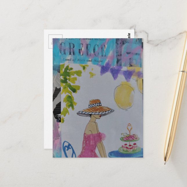 Carte Postale Femme avec cupcakes Grèce collage (Devant/Arrière en situation)