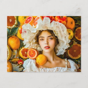 Carte Postale Femme avec des fruits citrins et une guirlande de