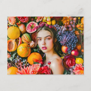 Carte Postale Femme avec des fruits citriques et une guirlande d