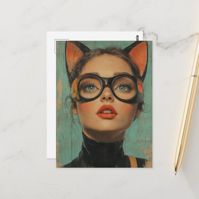 Carte Postale Femme avec des oreilles de chat  (Devant/Arrière en situation)