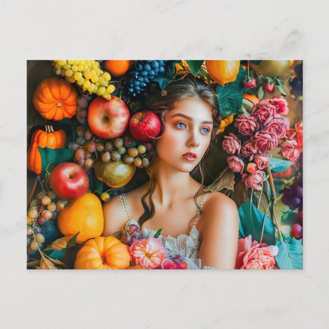 Carte Postale Femme avec des raisins et une composition florale (Devant)