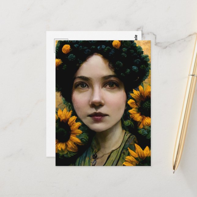 Carte Postale Femme avec des tournesols (Devant/Arrière en situation)