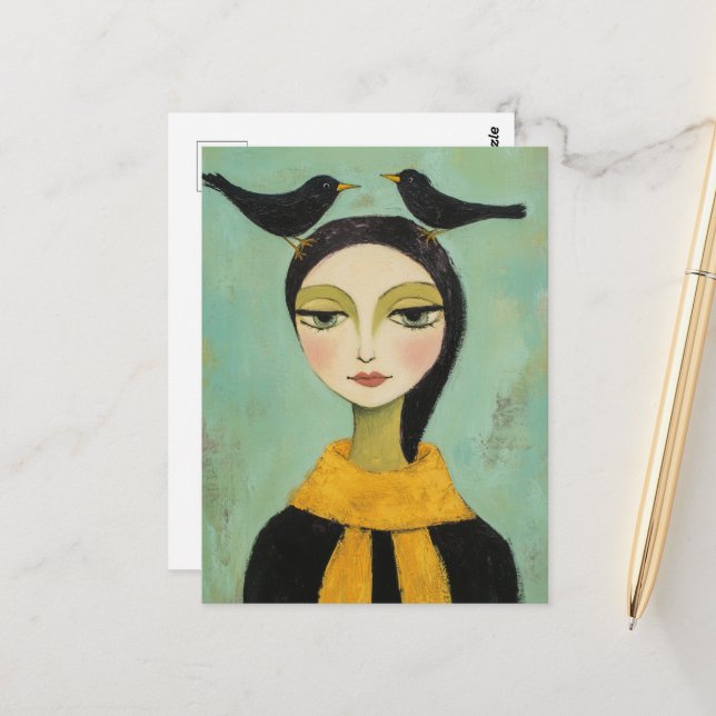 Carte Postale Femme avec deux oiseaux noirs (Devant/Arrière en situation)