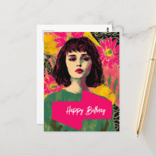 Carte Postale Femme avec fleurs Joyeux Anniversaire