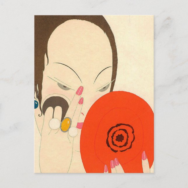 Carte Postale FEMME AVEC MIROIR ROUGE Déco Beauté Maquillage mod (Devant)