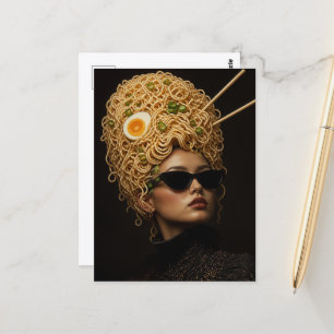 Carte Postale Femme avec nouilles et baguettes cheveux