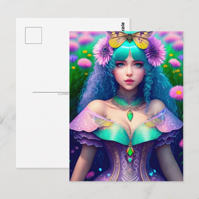 Carte Postale Femme avec papillon, poste (Devant / Derrière)