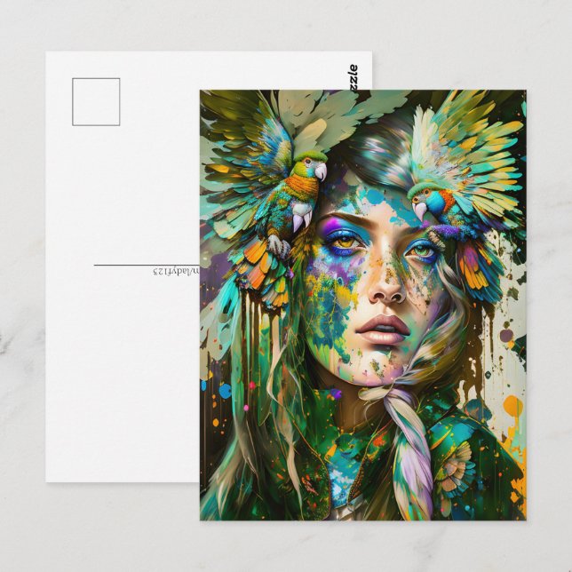 Carte Postale Femme avec perroquet, poste (Devant / Derrière)