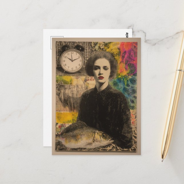 Carte Postale Femme avec poisson collage médiatique mixte (Devant/Arrière en situation)