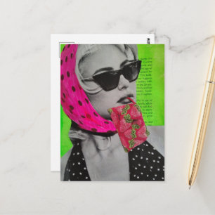 Carte Postale Femme avec sac à main en purée de fraises Collage