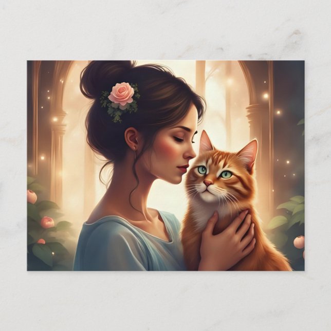 Carte Postale Femme avec son chat orange  (Devant)