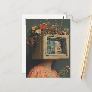 Carte Postale Femme avec tête de télévision et fleurs surréalist