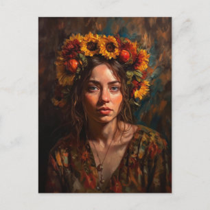 Carte Postale Femme Avec Tournesol Couronne De Récolte Automne