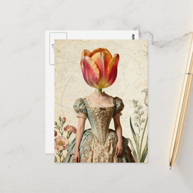 Carte Postale Femme avec tulipe pour tête (Devant/Arrière en situation)