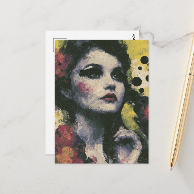 Carte Postale Femme avec un chardonneret (Devant/Arrière en situation)