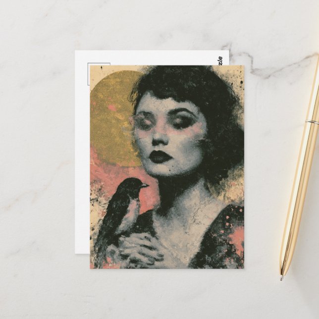 Carte Postale Femme avec un oiseau (Devant/Arrière en situation)