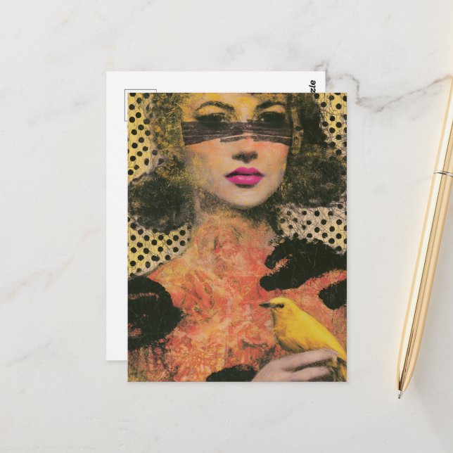 Carte Postale Femme avec un oiseau jaune (Devant/Arrière en situation)