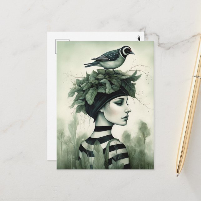 Carte Postale Femme avec un oiseau sur la tête (Devant/Arrière en situation)
