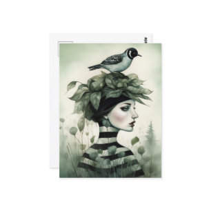 Carte Postale Femme avec un oiseau sur la tête