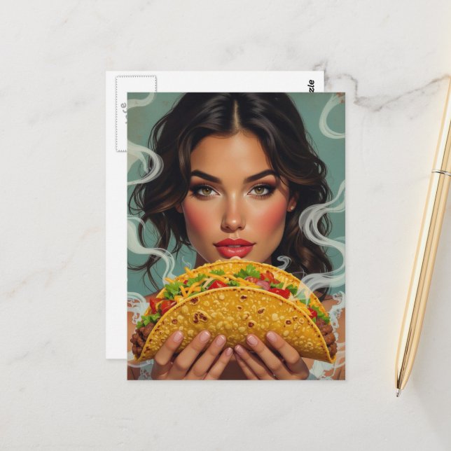 Carte Postale Femme avec un taco (Devant/Arrière en situation)