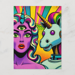 Carte Postale Femme avec un troisième oeil et un robot licorne