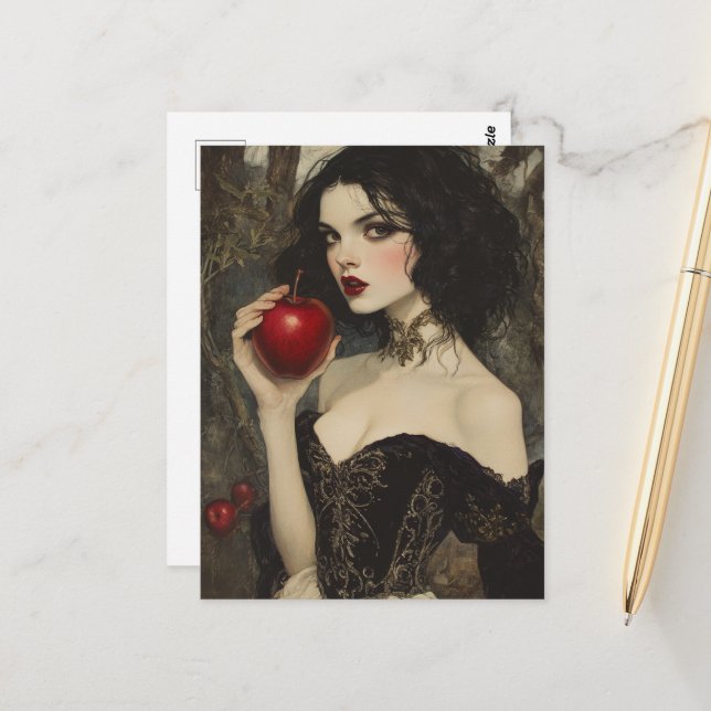Carte Postale Femme avec une pomme rouge (Devant/Arrière en situation)