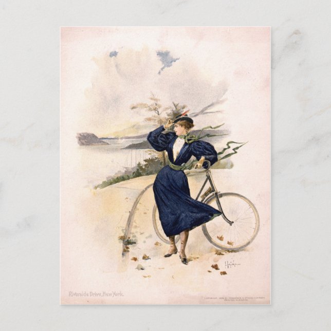 Carte Postale Femme avec vélo à Riverside Drive, New York (Devant)