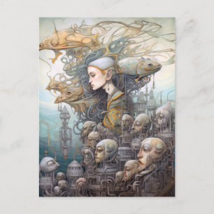 Carte Postale Femme & Bâtiment Avec Têtes Surreal Art
