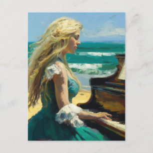 Carte Postale Femme blonde jouant du piano à la plage