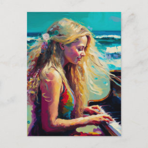 Carte Postale Femme blonde jouant du piano à la plage