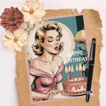 Femme blonde rétro vintage 50s & gâteau d'annivers
