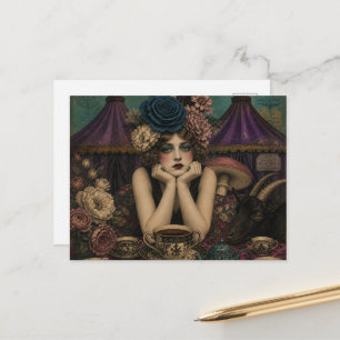 Carte Postale Femme boit du thé au cirque avec une chèvre noire
