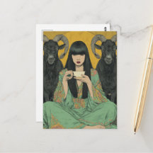 Femme boit du thé avec deux chèvres noires