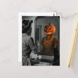 Carte Postale Femme citrouille effrayante et chat Rétro