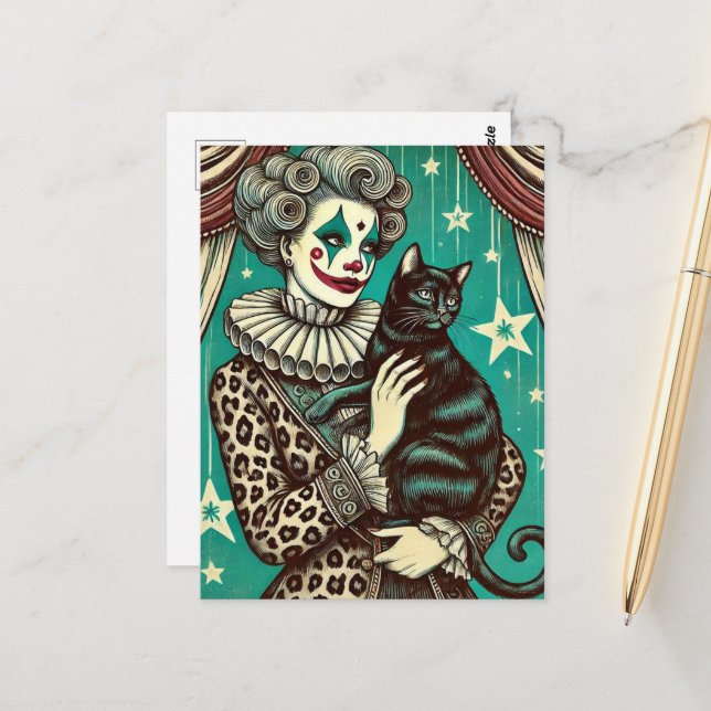 Carte Postale Femme clown de cirque et chat noir (Devant/Arrière en situation)
