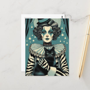 Carte Postale Femme clown de cirque et chat noir