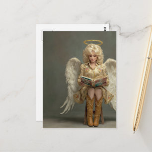 Carte Postale Femme Cowgirl Ange Blond Avec Livre
