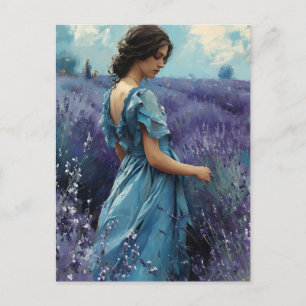 Carte Postale Femme dans le champ lavande Vintage