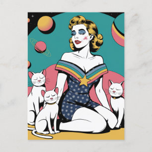 Carte Postale Femme dans l'espace avec trois chats blancs