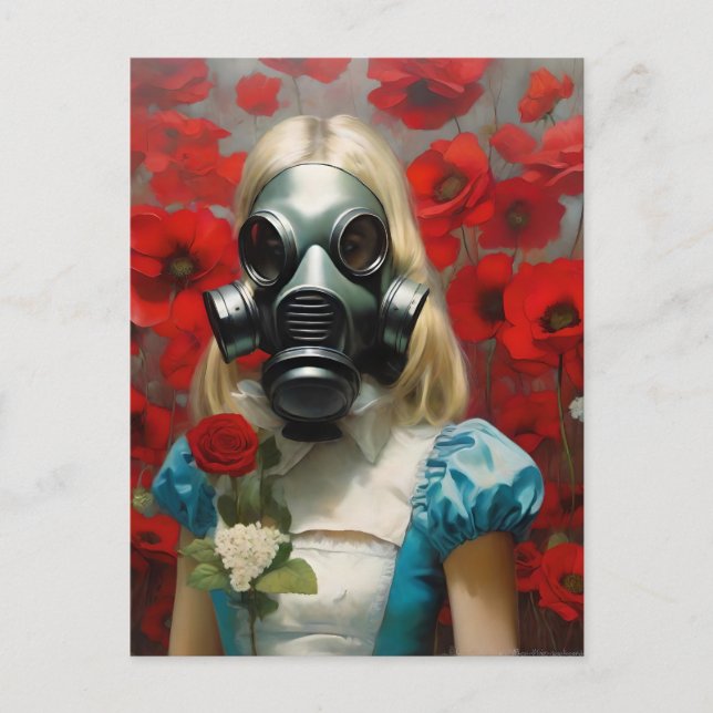 Carte Postale Femme dans un masque à gaz Fleurs rouges (Devant)