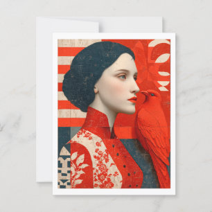 Carte Postale Femme dans une robe fleurie rouge et un oiseau rou