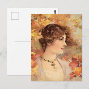Carte Postale Femme d'automne Art Nouveau Imprimé de feuillage d