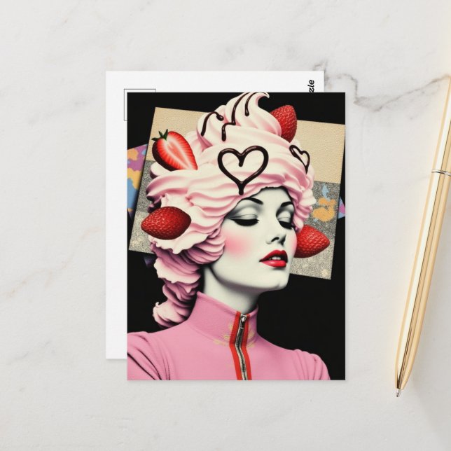 Carte Postale Femme de collage de dessert aux fraises (Devant/Arrière en situation)