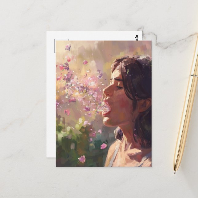 Carte Postale Femme de fièvre du printemps surréaliste (Devant/Arrière en situation)